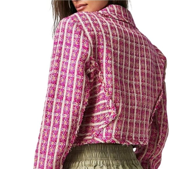 Free People Cassius Cropped Blazer Pink Tweed Raw Hems Oversized Relaxed Size S - Picture 4 of 10